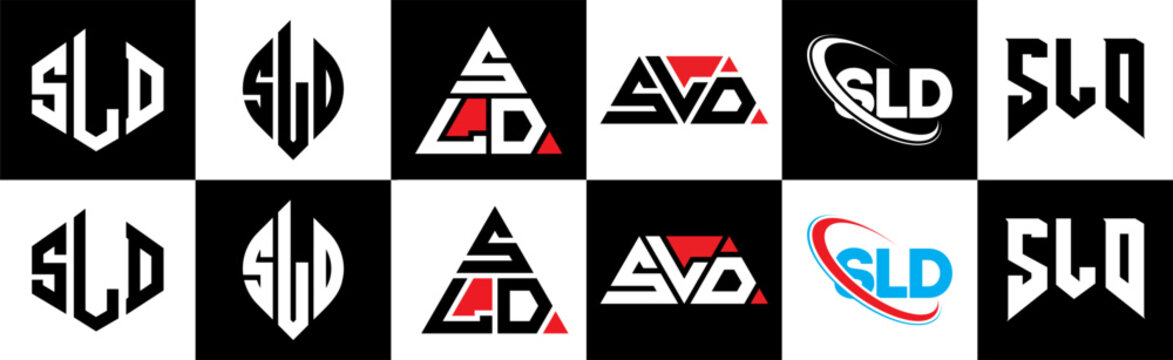 SLD letter logo design in six style. SLD polygon, circle, triangle, hexagon, flat and simple style with black and white color variation letter logo set in one artboard. SLD minimalist and classic logo