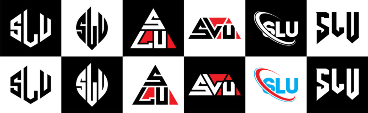 SLU letter logo design in six style. SLU polygon, circle, triangle, hexagon, flat and simple style with black and white color variation letter logo set in one artboard. SLU minimalist and classic logo