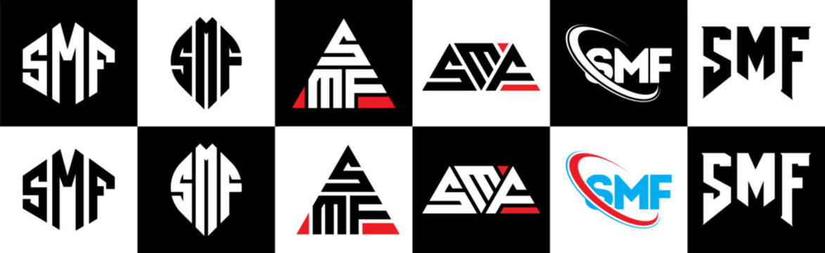 SMF letter logo design in six style. SMF polygon, circle, triangle, hexagon, flat and simple style with black and white color variation letter logo set in one artboard. SMF minimalist and classic logo
