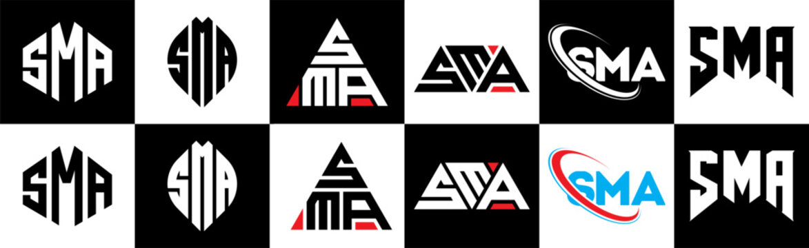 SMA letter logo design in six style. SMA polygon, circle, triangle, hexagon, flat and simple style with black and white color variation letter logo set in one artboard. SMA minimalist and classic logo
