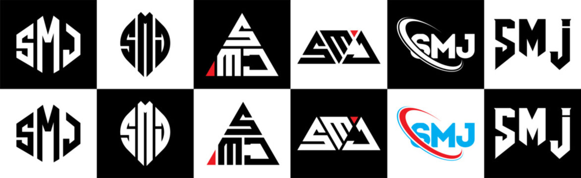 SMJ letter logo design in six style. SMJ polygon, circle, triangle, hexagon, flat and simple style with black and white color variation letter logo set in one artboard. SMJ minimalist and classic logo