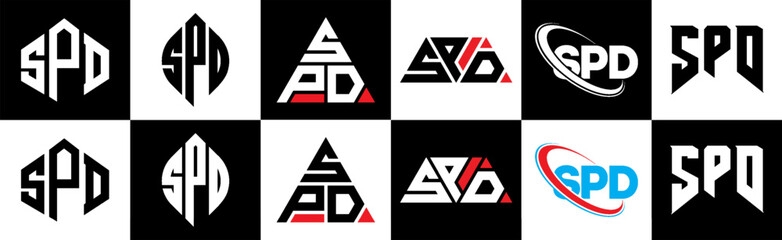 SPD letter logo design in six style. SPD polygon, circle, triangle, hexagon, flat and simple style with black and white color variation letter logo set in one artboard. SPD minimalist and classic logo