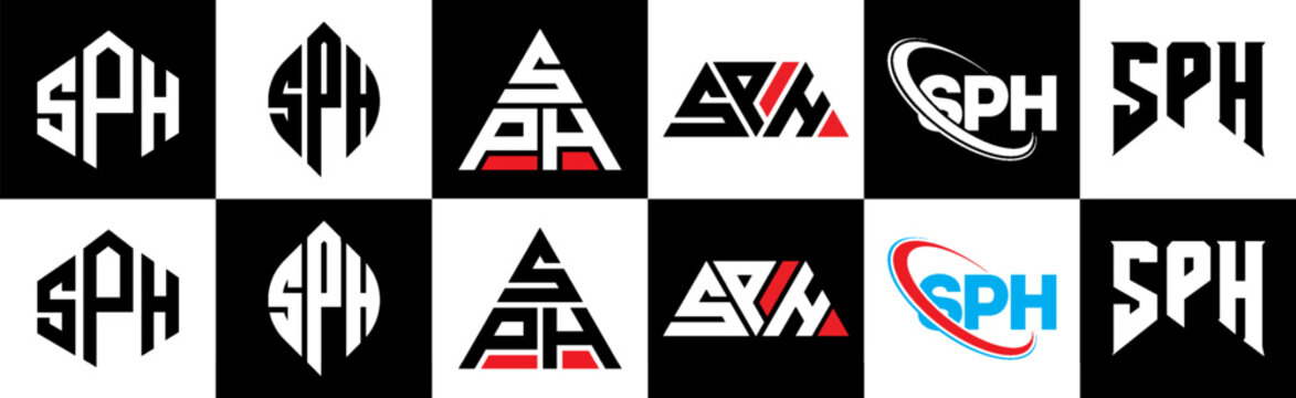 SPH letter logo design in six style. SPH polygon, circle, triangle, hexagon, flat and simple style with black and white color variation letter logo set in one artboard. SPH minimalist and classic logo