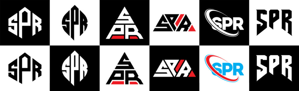SPR letter logo design in six style. SPR polygon, circle, triangle, hexagon, flat and simple style with black and white color variation letter logo set in one artboard. SPR minimalist and classic logo