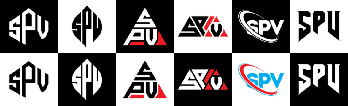 SPV letter logo design in six style. SPV polygon, circle, triangle, hexagon, flat and simple style with black and white color variation letter logo set in one artboard. SPV minimalist and classic logo