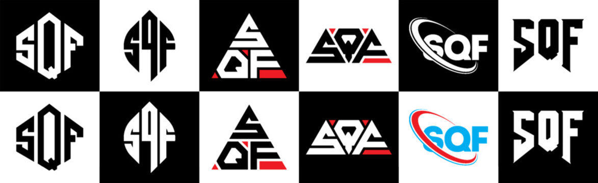SQF letter logo design in six style. SQF polygon, circle, triangle, hexagon, flat and simple style with black and white color variation letter logo set in one artboard. SQF minimalist and classic logo