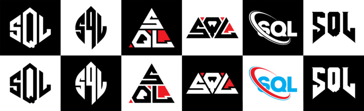 SQL letter logo design in six style. SQL polygon, circle, triangle, hexagon, flat and simple style with black and white color variation letter logo set in one artboard. SQL minimalist and classic logo