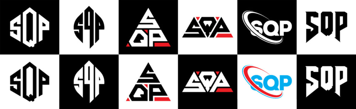 SQP letter logo design in six style. SQP polygon, circle, triangle, hexagon, flat and simple style with black and white color variation letter logo set in one artboard. SQP minimalist and classic logo