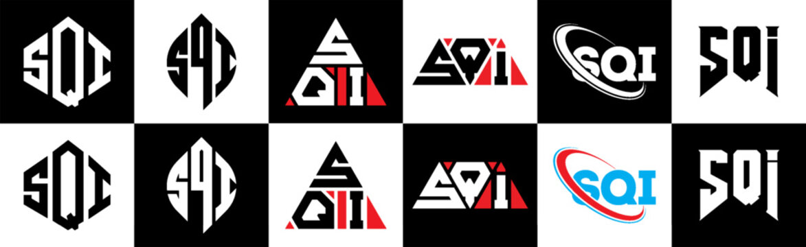 SQI letter logo design in six style. SQI polygon, circle, triangle, hexagon, flat and simple style with black and white color variation letter logo set in one artboard. SQI minimalist and classic logo
