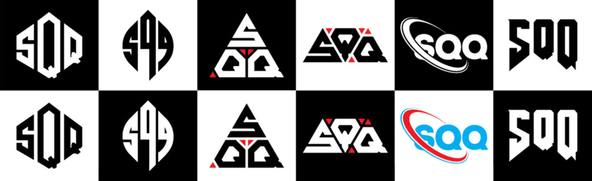 SQQ letter logo design in six style. SQQ polygon, circle, triangle, hexagon, flat and simple style with black and white color variation letter logo set in one artboard. SQQ minimalist and classic logo