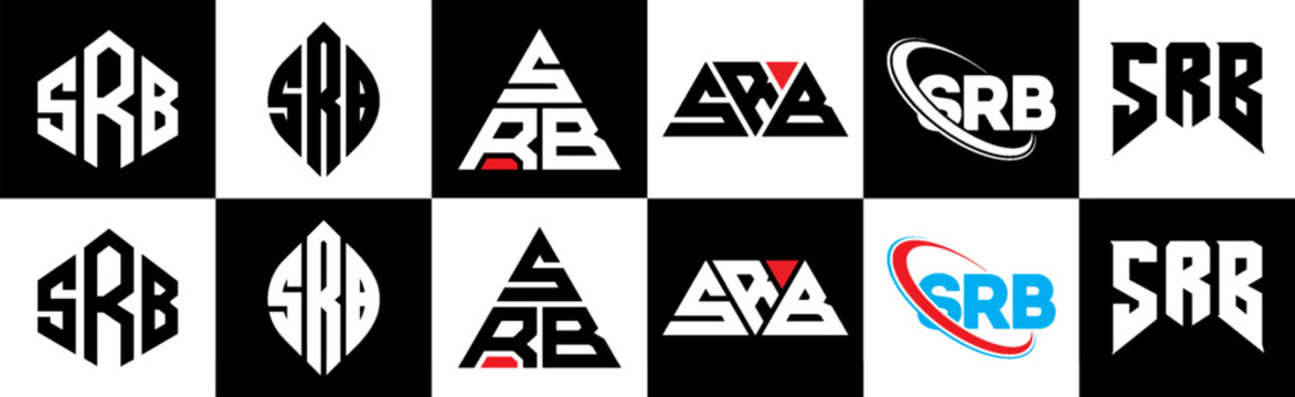 SRB letter logo design in six style. SRB polygon, circle, triangle, hexagon, flat and simple style with black and white color variation letter logo set in one artboard. SRB minimalist and classic logo