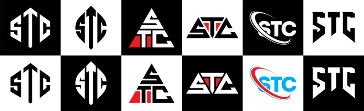 STC letter logo design in six style. STC polygon, circle, triangle, hexagon, flat and simple style with black and white color variation letter logo set in one artboard. STC minimalist and classic logo