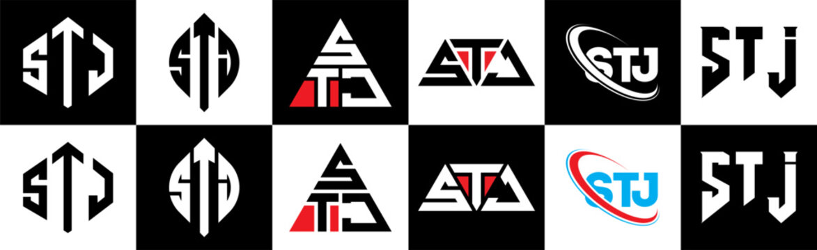 STJ letter logo design in six style. STJ polygon, circle, triangle, hexagon, flat and simple style with black and white color variation letter logo set in one artboard. STJ minimalist and classic logo