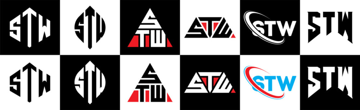 STW letter logo design in six style. STW polygon, circle, triangle, hexagon, flat and simple style with black and white color variation letter logo set in one artboard. STW minimalist and classic logo