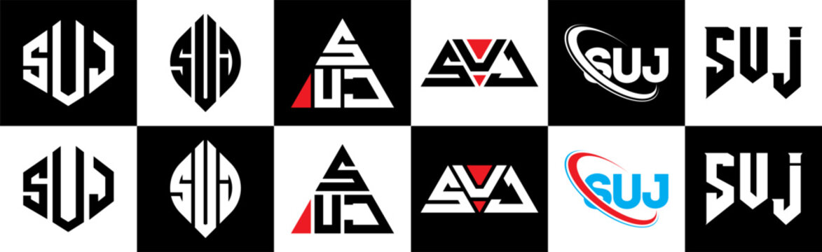 SUJ letter logo design in six style. SUJ polygon, circle, triangle, hexagon, flat and simple style with black and white color variation letter logo set in one artboard. SUJ minimalist and classic logo