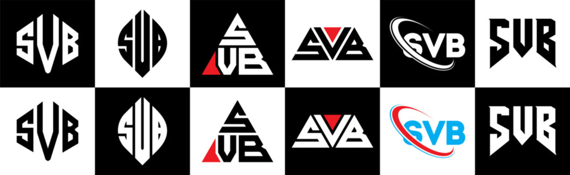 SVB letter logo design in six style. SVB polygon, circle, triangle, hexagon, flat and simple style with black and white color variation letter logo set in one artboard. SVB minimalist and classic logo