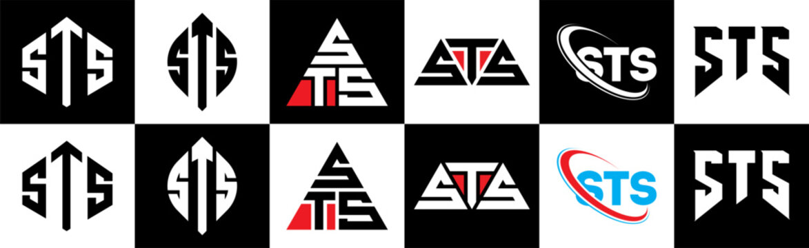 STS letter logo design in six style. STS polygon, circle, triangle, hexagon, flat and simple style with black and white color variation letter logo set in one artboard. STS minimalist and classic logo