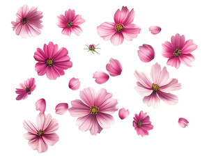 Pink Cosmos Flowers and Petals Falling on Transparent Background, PNG