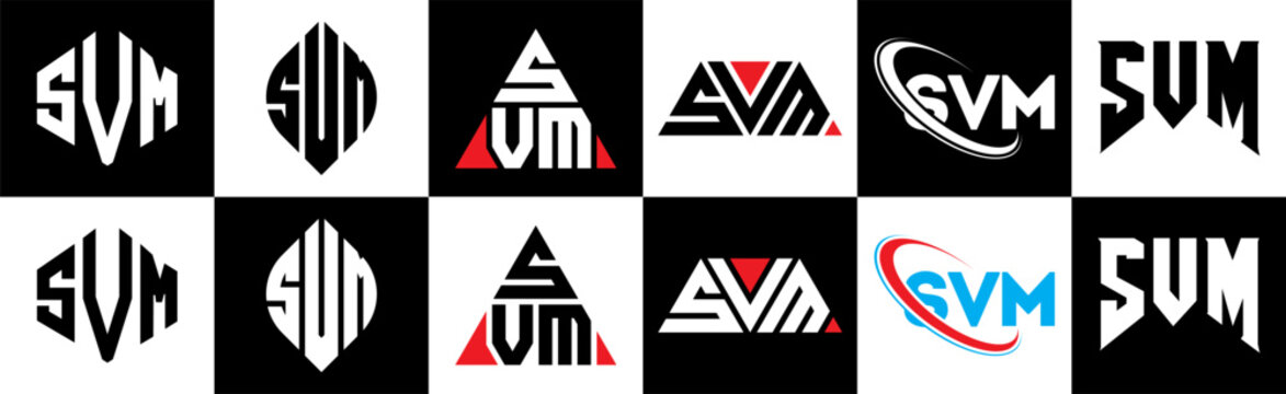 SVM letter logo design in six style. SVM polygon, circle, triangle, hexagon, flat and simple style with black and white color variation letter logo set in one artboard. SVM minimalist and classic logo