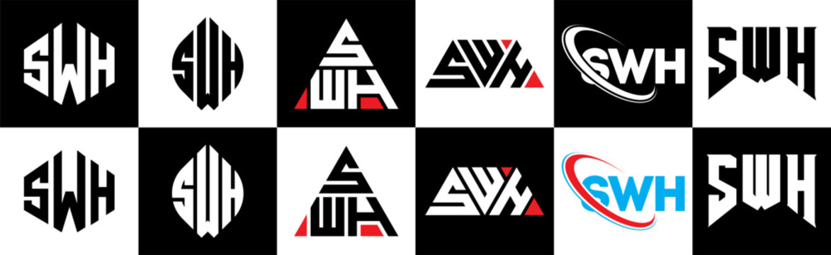 SWH letter logo design in six style. SWH polygon, circle, triangle, hexagon, flat and simple style with black and white color variation letter logo set in one artboard. SWH minimalist and classic logo