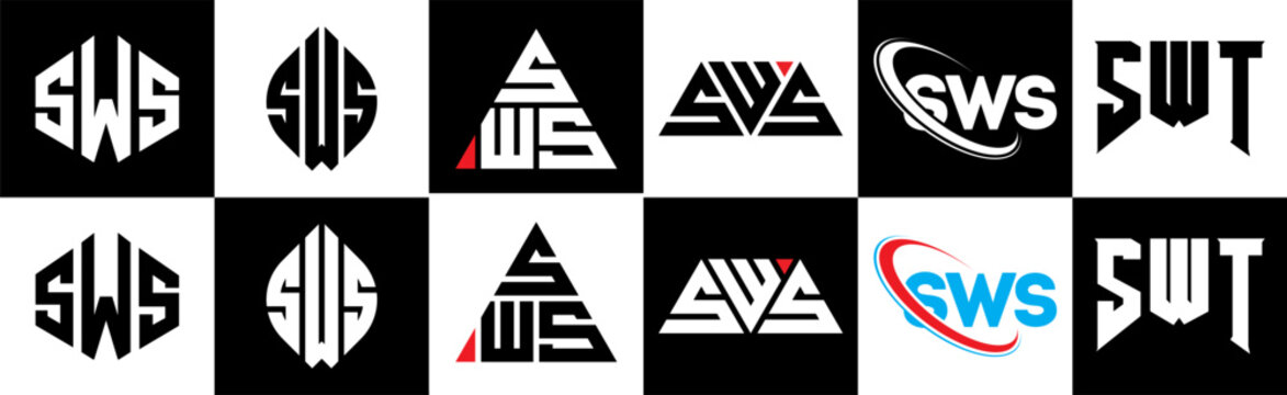 SWS letter logo design in six style. SWS polygon, circle, triangle, hexagon, flat and simple style with black and white color variation letter logo set in one artboard. SWS minimalist and classic logo