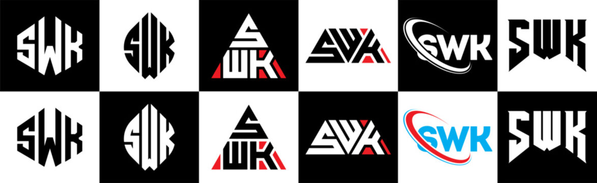 SWK letter logo design in six style. SWK polygon, circle, triangle, hexagon, flat and simple style with black and white color variation letter logo set in one artboard. SWK minimalist and classic logo