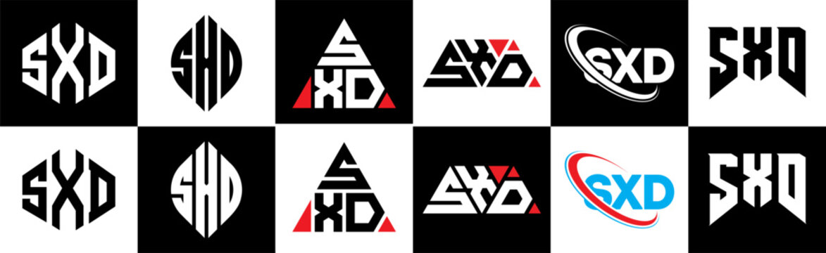 SXD letter logo design in six style. SXD polygon, circle, triangle, hexagon, flat and simple style with black and white color variation letter logo set in one artboard. SXD minimalist and classic logo
