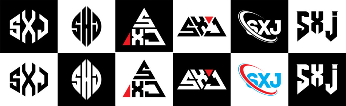 SXJ letter logo design in six style. SXJ polygon, circle, triangle, hexagon, flat and simple style with black and white color variation letter logo set in one artboard. SXJ minimalist and classic logo