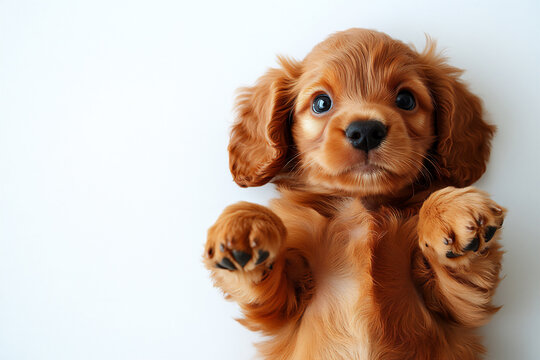 cocker spaniel puppy playing, full-body shot from above, white background,