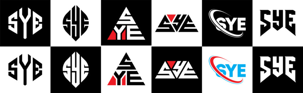 SYE letter logo design in six style. SYE polygon, circle, triangle, hexagon, flat and simple style with black and white color variation letter logo set in one artboard. SYE minimalist and classic logo
