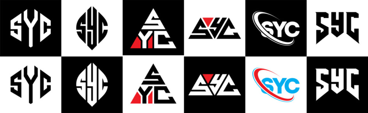 SYC letter logo design in six style. SYC polygon, circle, triangle, hexagon, flat and simple style with black and white color variation letter logo set in one artboard. SYC minimalist and classic logo