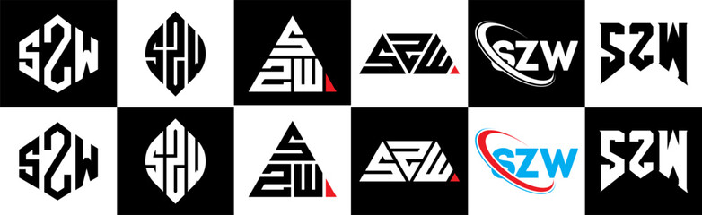 Obraz premium SZW letter logo design in six style. SZW polygon, circle, triangle, hexagon, flat and simple style with black and white color variation letter logo set in one artboard. SZW minimalist and classic logo