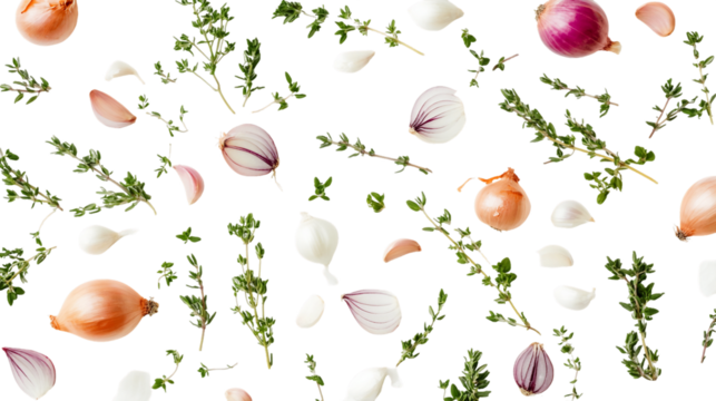 Flat Lay of Assorted Onions Garlic and Thyme on Transparent Background, PNG