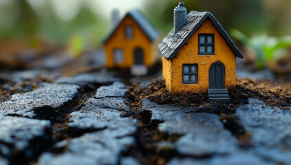 Tiny houses on dry soil. Two small, yellow houses are placed in dry, cracked soil, symbolizing challenges faced in a changing landscape.