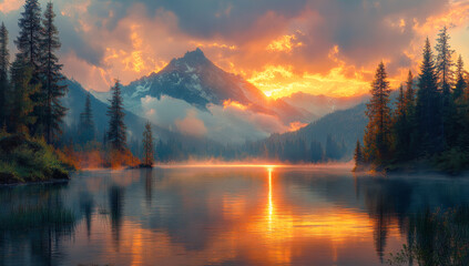 Tranquil sunset over a mountain lake. A stunning sunset casts vibrant colors over a serene lake surrounded by mountains and trees during twilight.