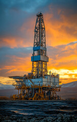 Oil drilling rig amid a colorful sunset. An oil drilling rig stands tall against a vibrant sunset sky, casting dramatic shadows in the surrounding landscape.