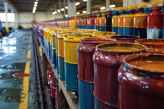 Brightly colored paint cans are neatly arranged on shelves within a large industrial warehouse illuminated by natural light. The vibrant hues create a lively atmosphere in the workspace.