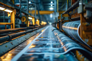 A busy printing facility showcases the printing process at dusk, highlighting large machines working on glossy sheets of material, conveying the intricate flow of production.