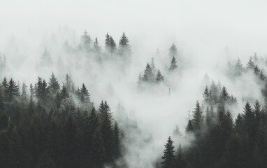 Misty forest landscape with evergreen trees shrouded in fog. (2)