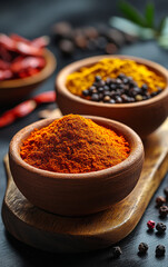 Vibrant spices displayed in rustic bowls. Bowls filled with colorful spices sit on a wooden board, highlighting the beauty of culinary ingredients in a kitchen.