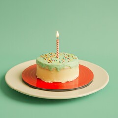 Vibrant birthday cake on vinyl record with candle and sprinkles