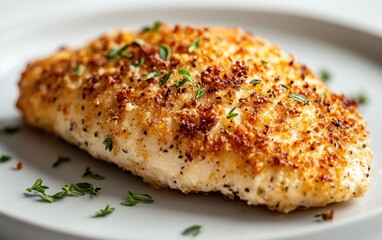 Crispy parmesan crusted chicken breast on a plate, garnished with thyme.