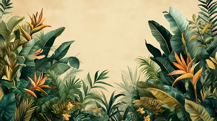Gardinen Tropical Foliage with Bird of Paradise Flowers, Tropical foliage with bird of paradise flowers on a beige background © NCSF