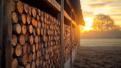 Sunrise on stacked firewood. Stacked logs catch warm sunlight during early morning, showcasing woodpile against a serene landscape at dawn.