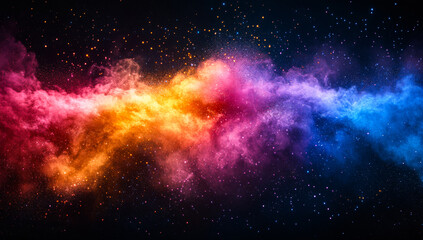 Fototapeta premium Colorful cosmic dust in a starry sky. Bright cosmic clouds swirl through a starry backdrop, showcasing vibrant colors in a vast universe at night.