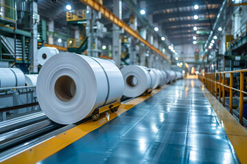 Fototapeta premium The manufacturing facility is filled with rolls of paper lined up on conveyor belts, illuminated by bright lights. Workers efficiently manage the production process during nighttime operations.