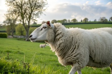 Obraz premium White Sheep Grazing in a Green Field 