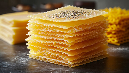 Fresh pasta sheets ready for cooking. Fresh yellow pasta sheets dusted with flour, ready for a delicious meal.