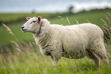 Obraz premium White Sheep Grazing in a Green Field 