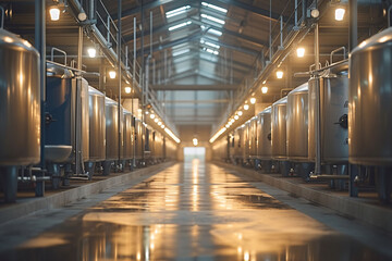 Obraz premium The view showcases a row of large metal tanks in a spacious warehouse, illuminated by overhead lights, with glistening concrete flooring reflecting the warm glow.